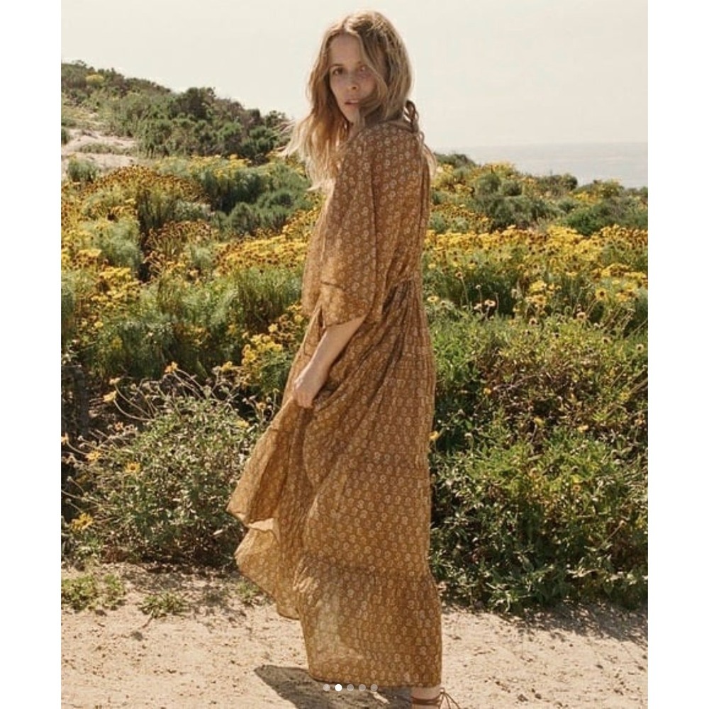 Doen Sorrell Cotton Block Print Tiered Flutter Sleeve Autumn Gold Maxi Dress M